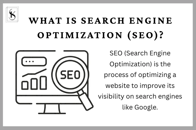 A digital illustration explaining SEO with a magnifying glass and a computer screen.