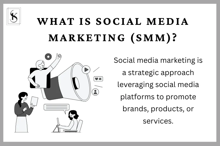 Illustration of people using social media with a megaphone, representing Social Media Marketing (SMM).
